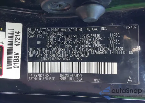 2008 Toyota Sienna Le из США, поврежденный, VIN 5TDZK23C68S100924